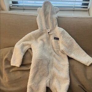 Patagonia Cream Fleece Baby Onesie with Hood
